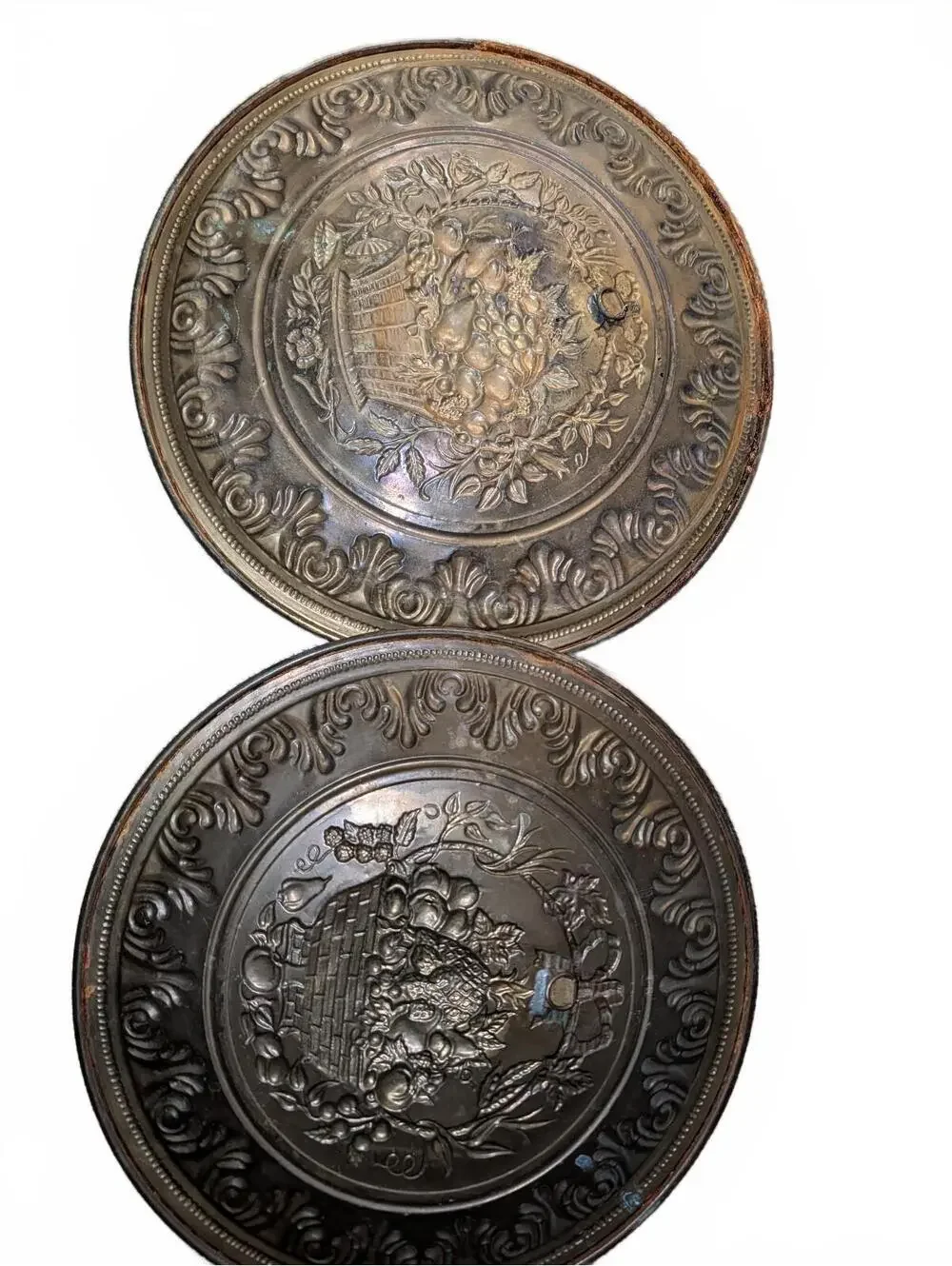Vintage Decorative Metal Wall Plates with Fruit Basket Motif - Set of 2